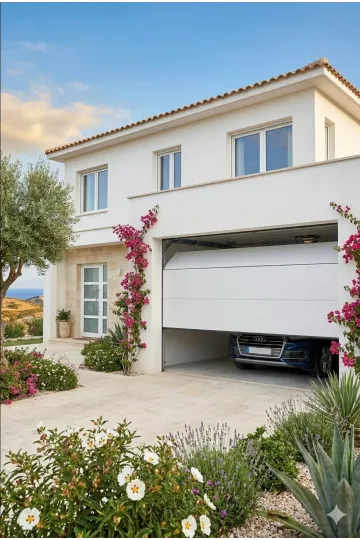 Porte de garage sectionnelle Master Premium blanche ouverte avec motorisation Somfy IO – panneaux lisses 40 mm