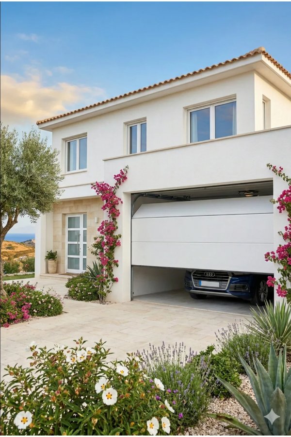 Porte de garage sectionnelle Master Premium blanche ouverte avec motorisation Somfy IO – panneaux lisses 40 mm