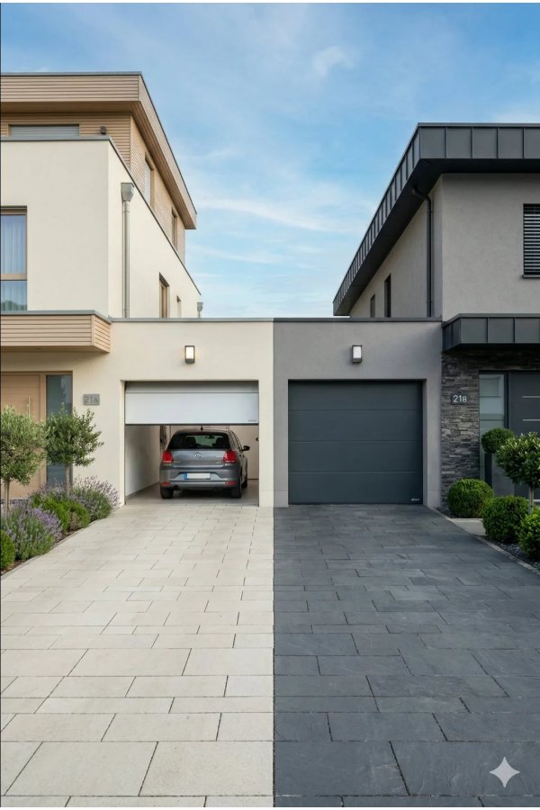 Porte de garage sectionnelle Master Premium – comparatif coloris blanc et gris anthracite RAL 7016 sur maisons jumelées