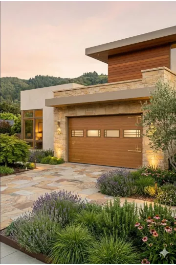 Porte de garage sectionnelle Grande Dimension finition bois woodgrain chêne doré avec hublots décoratifs