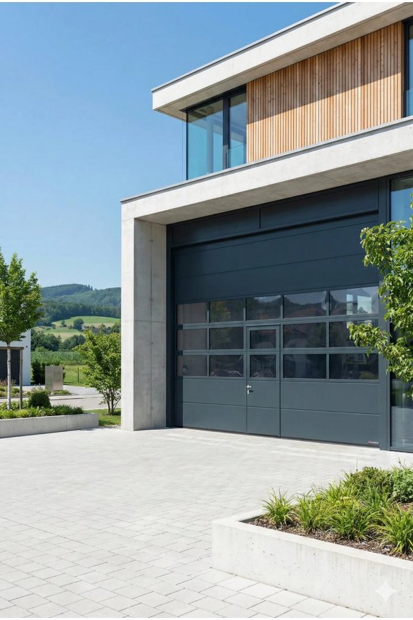 Porte sectionnelle industrielle gris anthracite avec portillon intégré et panneaux vitrés facade béton