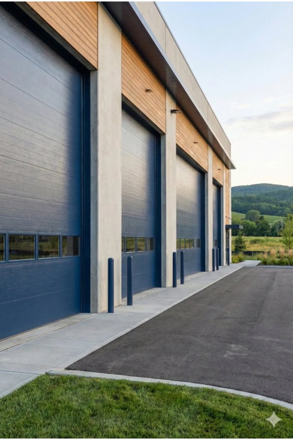 Portes sectionnelles industrielles gris anthracite multiples bâtiment professionnel habillage bois