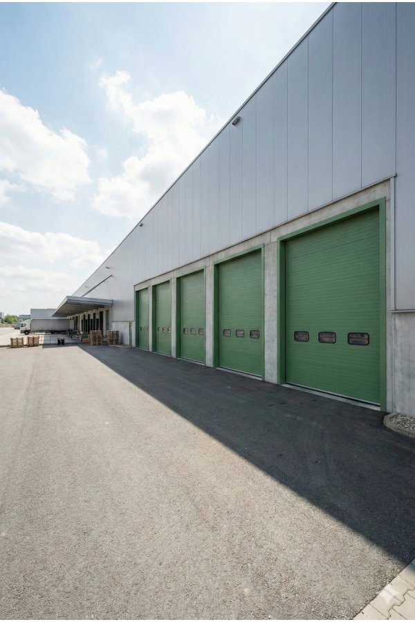 Portes sectionnelles industrielles vertes alignées hangar entrepôt bardage métallique hublots