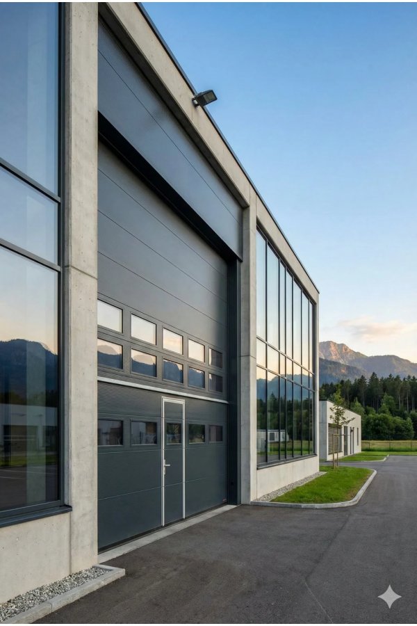 Porte sectionnelle industrielle gris anthracite portillon intégré bâtiment industriel montagne