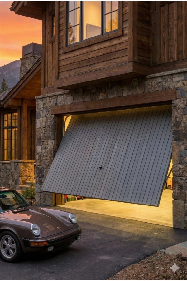 Porte de garage basculante en position ouverte montrant le mécanisme de basculement sur chalet en bois et pierre