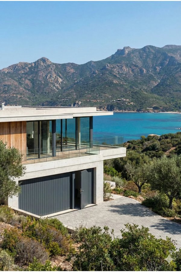 Porte de garage basculante gris anthracite avec portillon intégré sur villa méditerranéenne avec vue sur mer et montagnes
