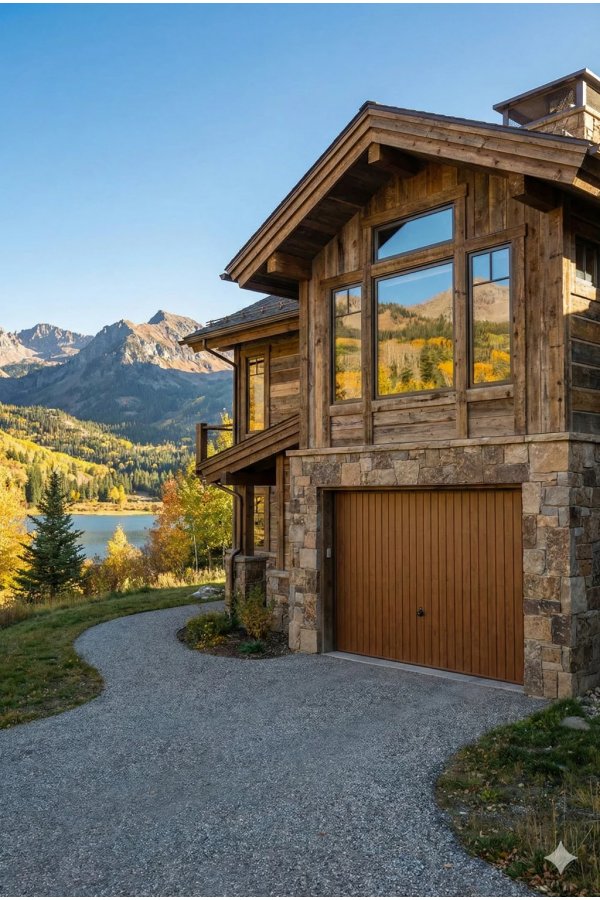 Porte de garage basculante finition ton bois sur chalet de montagne en bois et pierre avec vue sur lac et montagnes automnales