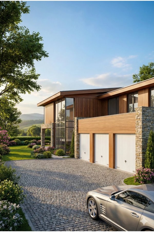 Porte de garage basculante motorisee sur mesure - ton bois chalet montagne