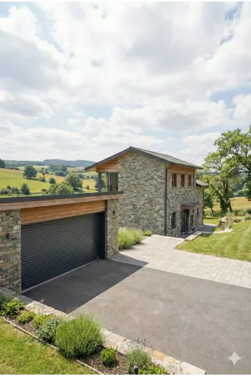 Porte basculante motorisee gris anthracite - ouverture maison pierre