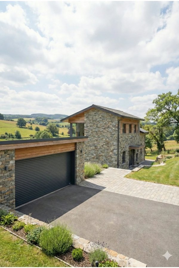 Porte basculante motorisee gris anthracite - ouverture maison pierre