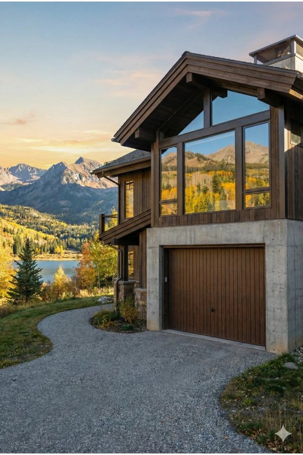 Porte basculante motorisee RAL bleu - chalet bois enneige nuit