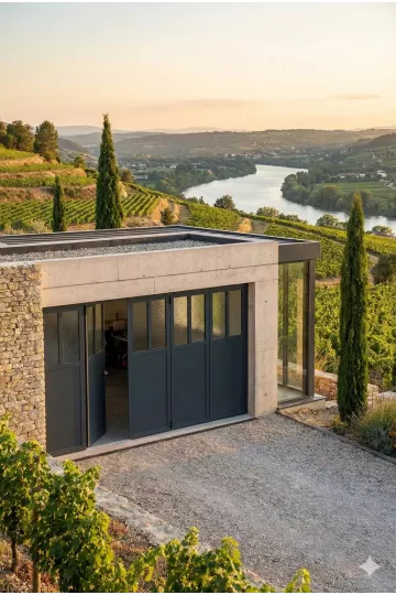 Porte de garage battante aluminium gris anthracite hublots intégrés - maison vallée du Rhône
