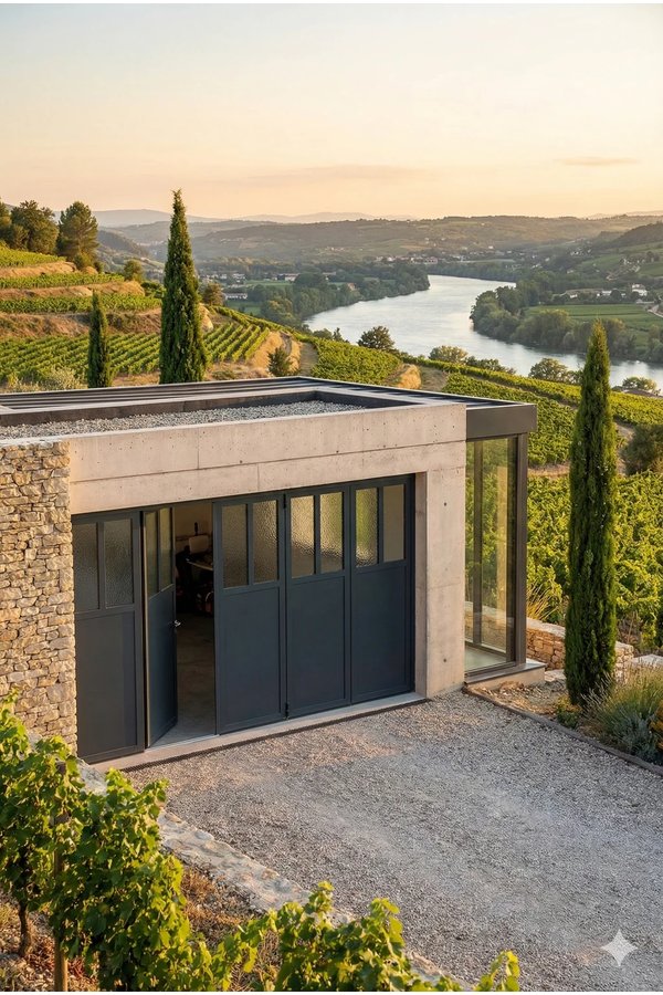 Porte de garage battante aluminium gris anthracite hublots intégrés - maison vallée du Rhône