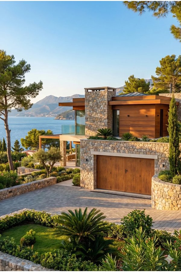 Porte de garage battante aluminium chêne doré hublots optionnels - villa Côte d'Azur