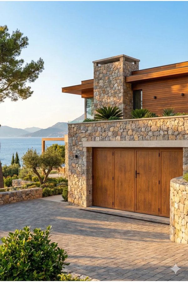 Porte de garage battante alu imitation bois avec option hublots - villa Méditerranée