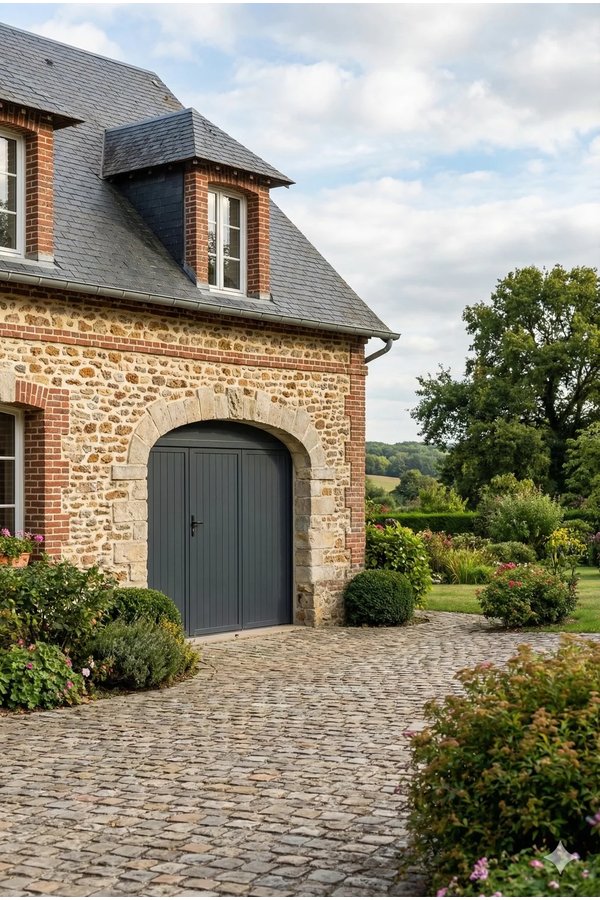 Porte de garage battante aluminium gris cintrée avec hublots - maison normande pierre