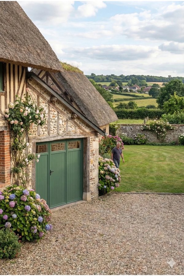 Porte de garage battante alu verte hublots configurables - chaumière Pays d'Auge Normandie
