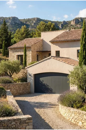 Porte de garage coulissante sur mesure grise sur mas en pierre dans les Alpilles