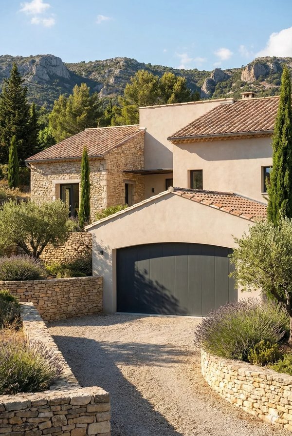 Porte de garage coulissante sur mesure grise sur mas en pierre dans les Alpilles