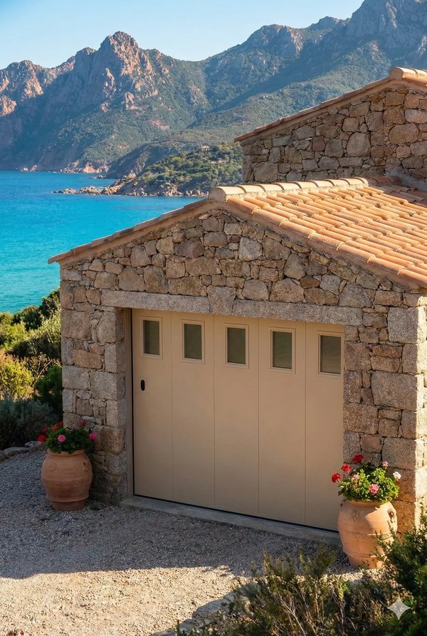 Porte de garage coulissante isolée beige avec hublots en Corse du Sud