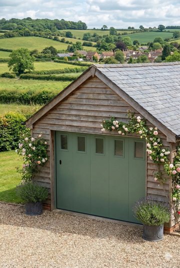 Porte de garage coulissante avec portillon accès piéton vert sur cottage en Picardie