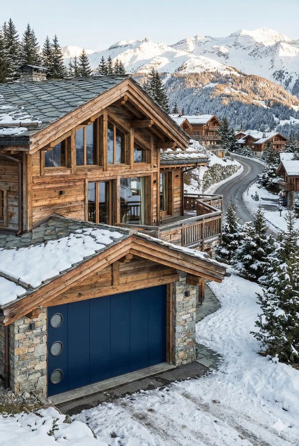 Porte de garage coulissante motorisée bleu nuit sur chalet dans les Alpes