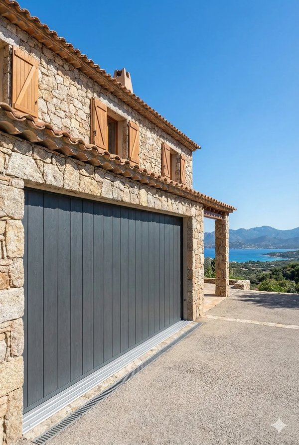 Porte de garage coulissante latérale motorisée grise sur maison en pierre en Corse