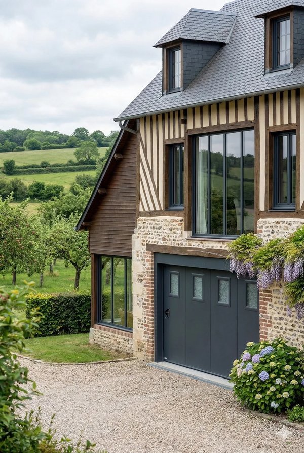 Porte de garage coulissante isolée avec portillon gris anthracite en Normandie