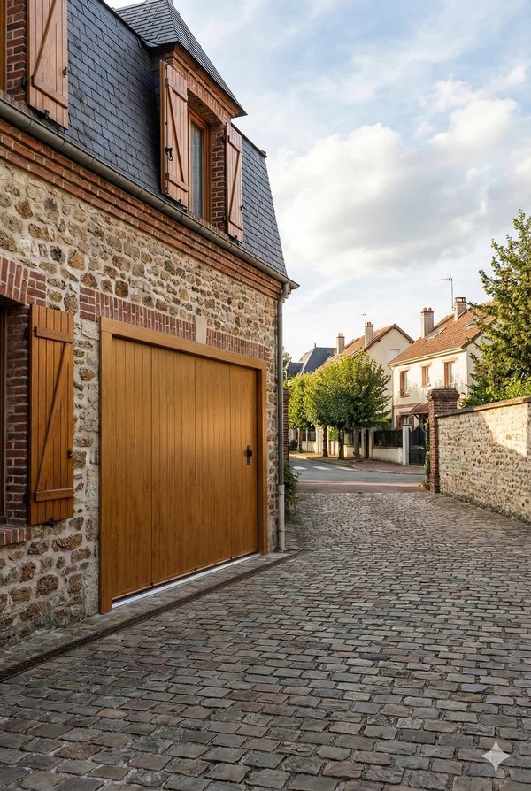 Porte de garage coulissante isolée bois chêne en Île-de-France