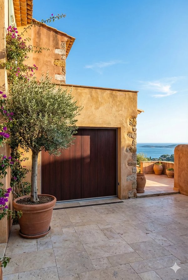Porte de garage coulissante isolée bois sur villa provençale dans le Var