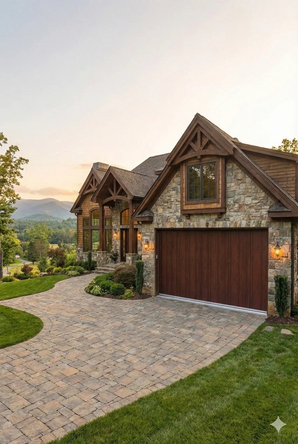 Porte de garage coulissante isolée imitation bois sur chalet en Savoie