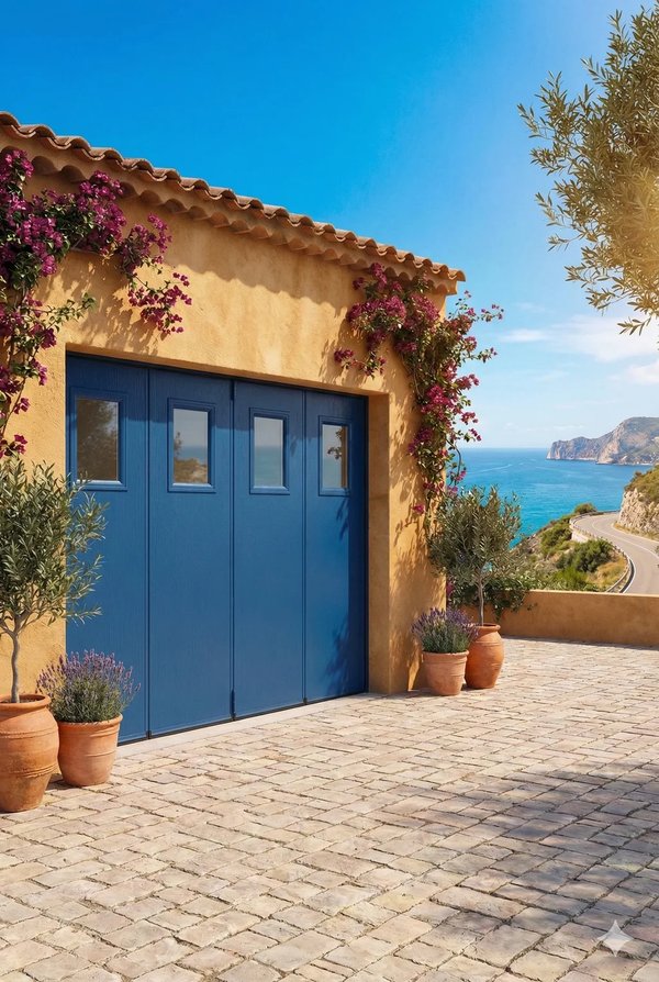 Porte de garage coulissante motorisée bleue sur villa en Provence