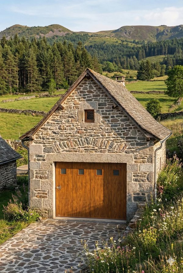 Porte de garage coulissante motorisée bois dans les Pyrénées