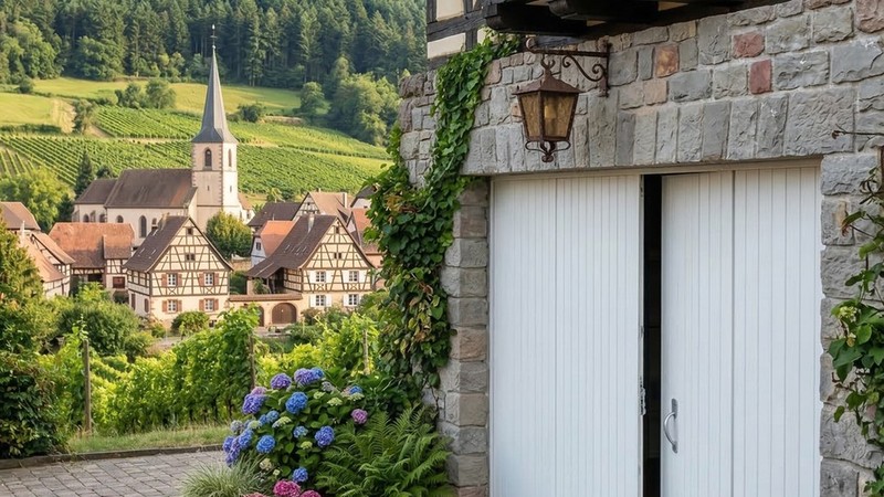 Porte de garage battante PVC quatre battants avec hublots sur mesure | Bretagne