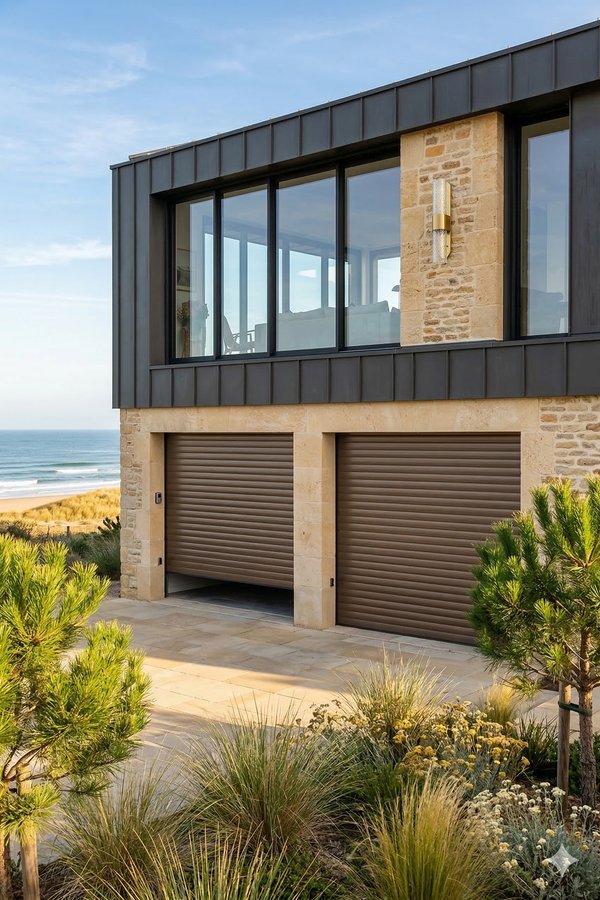 Porte de garage enroulable aluminium 55 motorisee - maison contemporaine sur la cote Atlantique