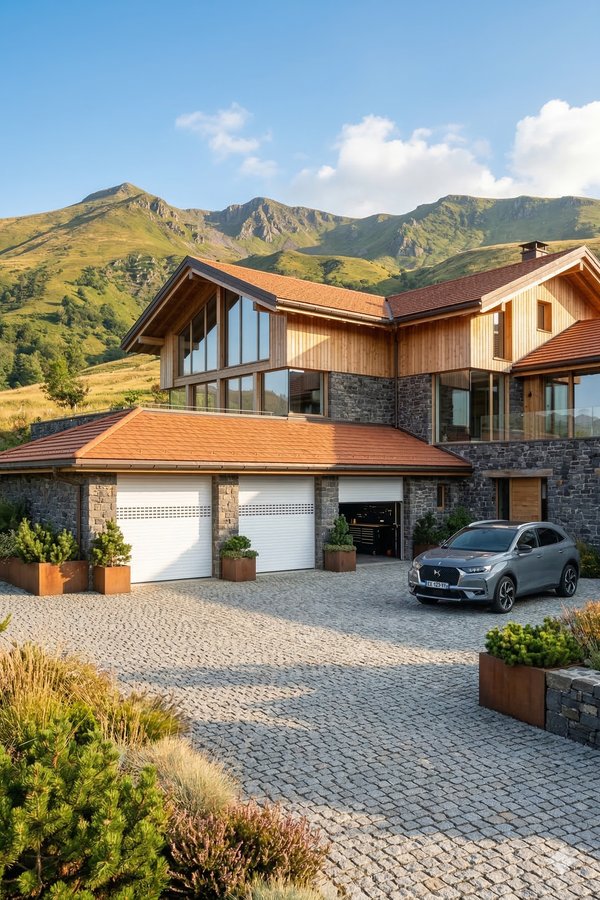 Porte de garage enroulable motorisée aluminium ton bois chêne doré - maison en pierre en Nouvelle-Aquitaine