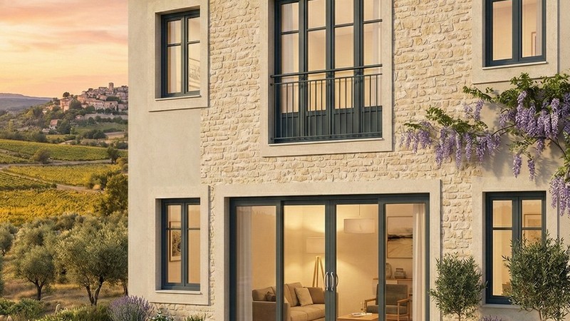 Fenetre PVC fixe sur mesure Aluplast - mas provencal avec glycine en Provence