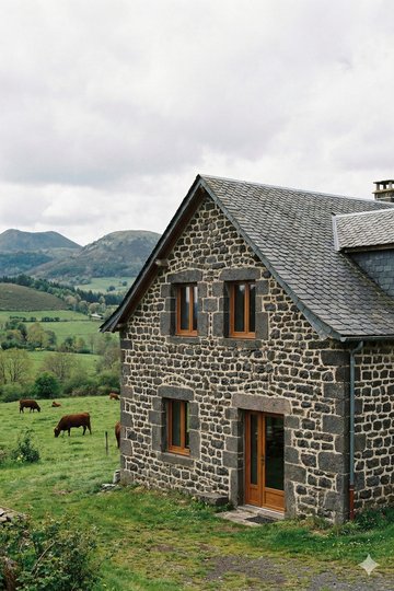 Fenetre PVC soufflet sur mesure Aluplast - maison en pierre volcanique en Auvergne