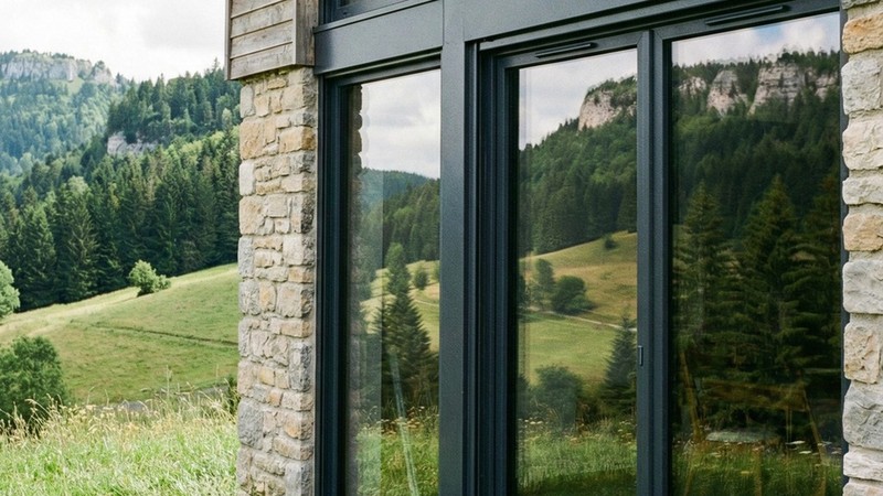 Fenetre PVC soufflet sur mesure Aluplast - chalet en pierre dans les Alpes