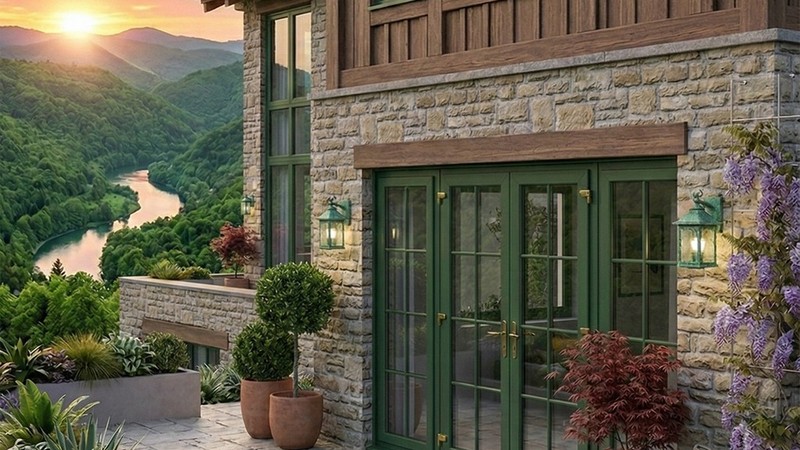 Fenetre PVC soufflet sur mesure Aluplast - chalet en bois et pierre en montagne