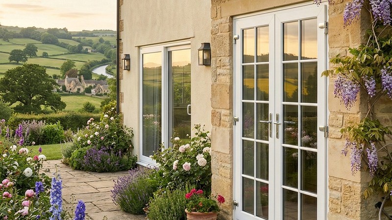 Fenetre PVC 2 ouvrants oscillo-battant sur mesure Aluplast - cottage avec jardin fleuri en campagne