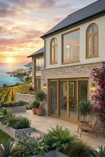 Fenetre PVC 3 vantaux sur mesure Aluplast - villa en pierre sur la Mediterranee