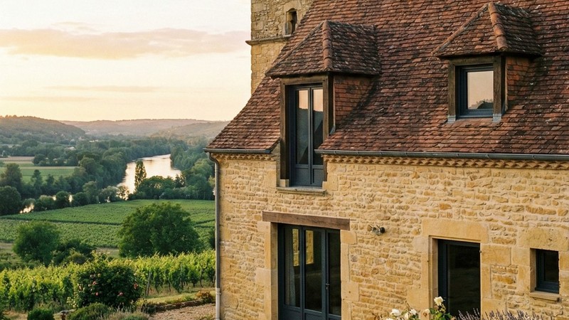 Fenetre PVC 3 vantaux sur mesure Aluplast - maison en pierre doree en Dordogne