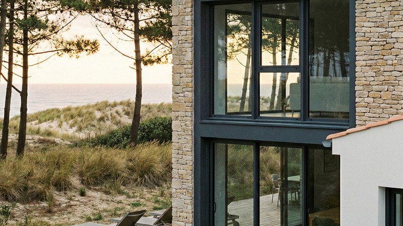 Fenetre PVC 3 vantaux sur mesure Aluplast - maison en pierre sur la cote Atlantique