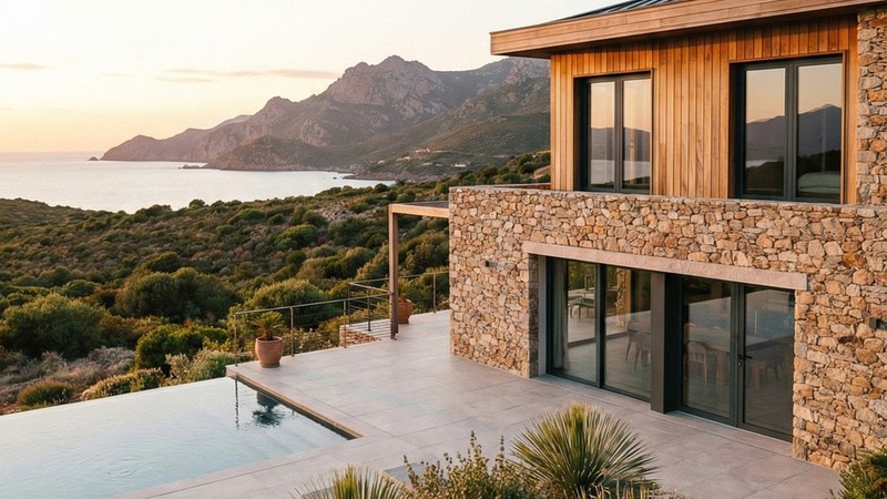 Fenetre PVC 3 vantaux sur mesure Aluplast - villa contemporaine en Corse