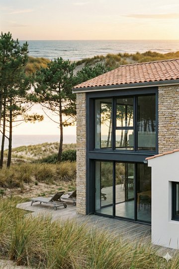 Baie coulissante PVC translation sur mesure Aluplast - maison en pierre sur la cote Atlantique