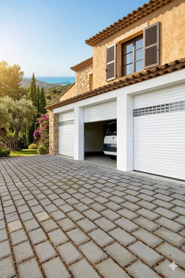 Porte de garage enroulable avec hublots aluminium noir sablé - villa en Corse