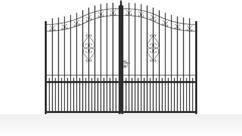 Portail acier chapeau de gendarme ajouré volutes fer forgé - vue technique configurateur