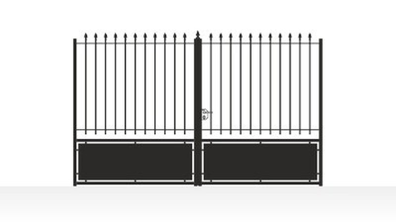Portail acier droit semi-plein avec soubassement fer forgé - vue technique configurateur