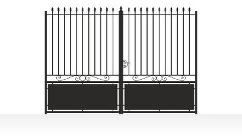 Portail acier droit semi-plein barreaux et tôle - vue technique configurateur